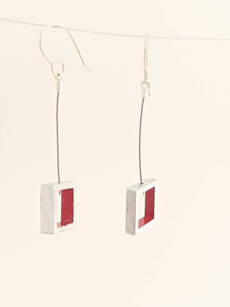 Small Pega Square red  enamel interior Silver earring hooks Fashion Modern Earrings
