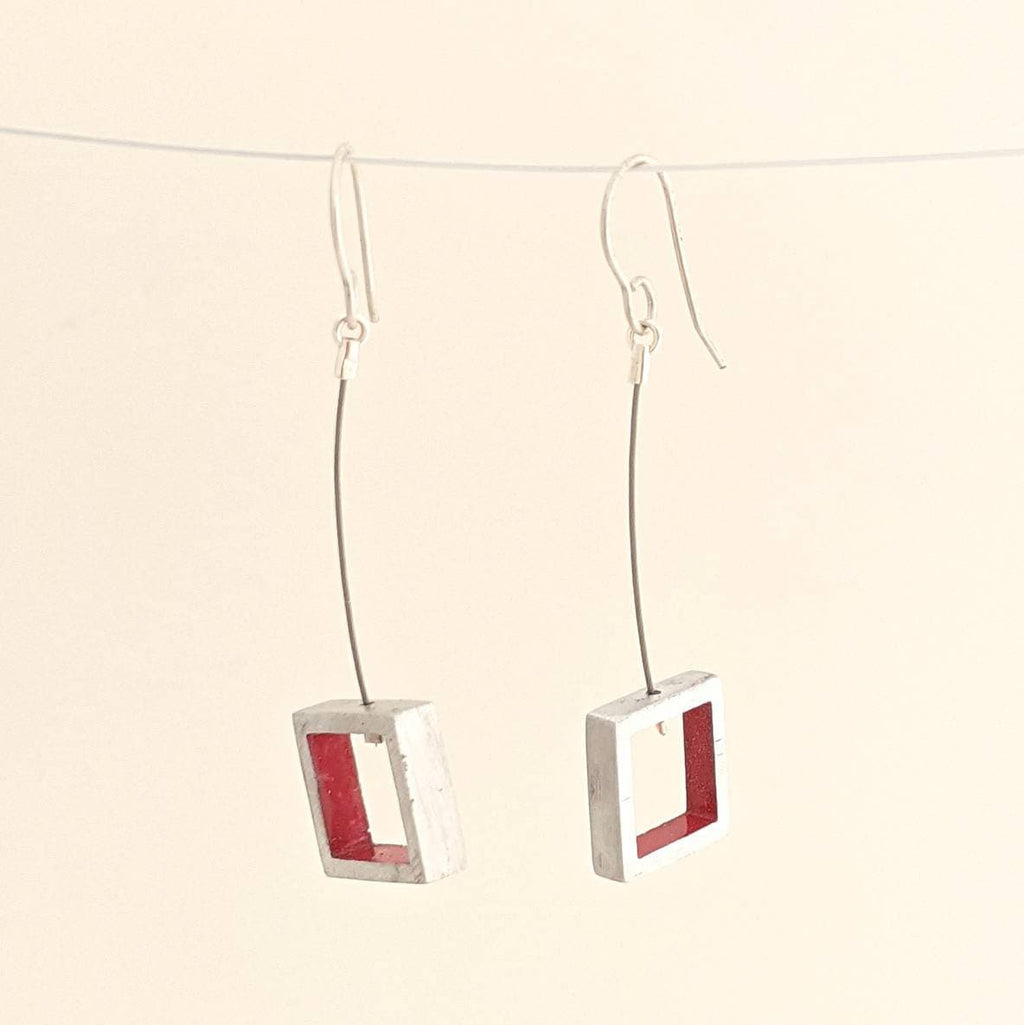 Small Pega Square red  enamel interior Silver earring hooks Fashion Modern Earrings